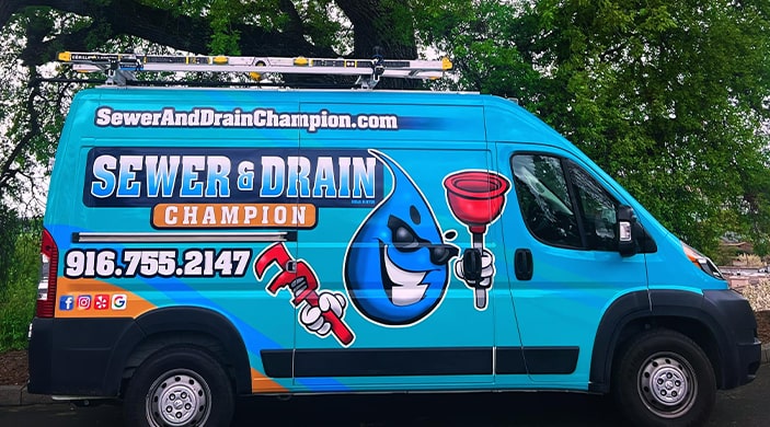 Plumbing Company Service Vehicle Sewer and Drain Champion service vehicle, providing expert plumbing services in Sacramento, CA.